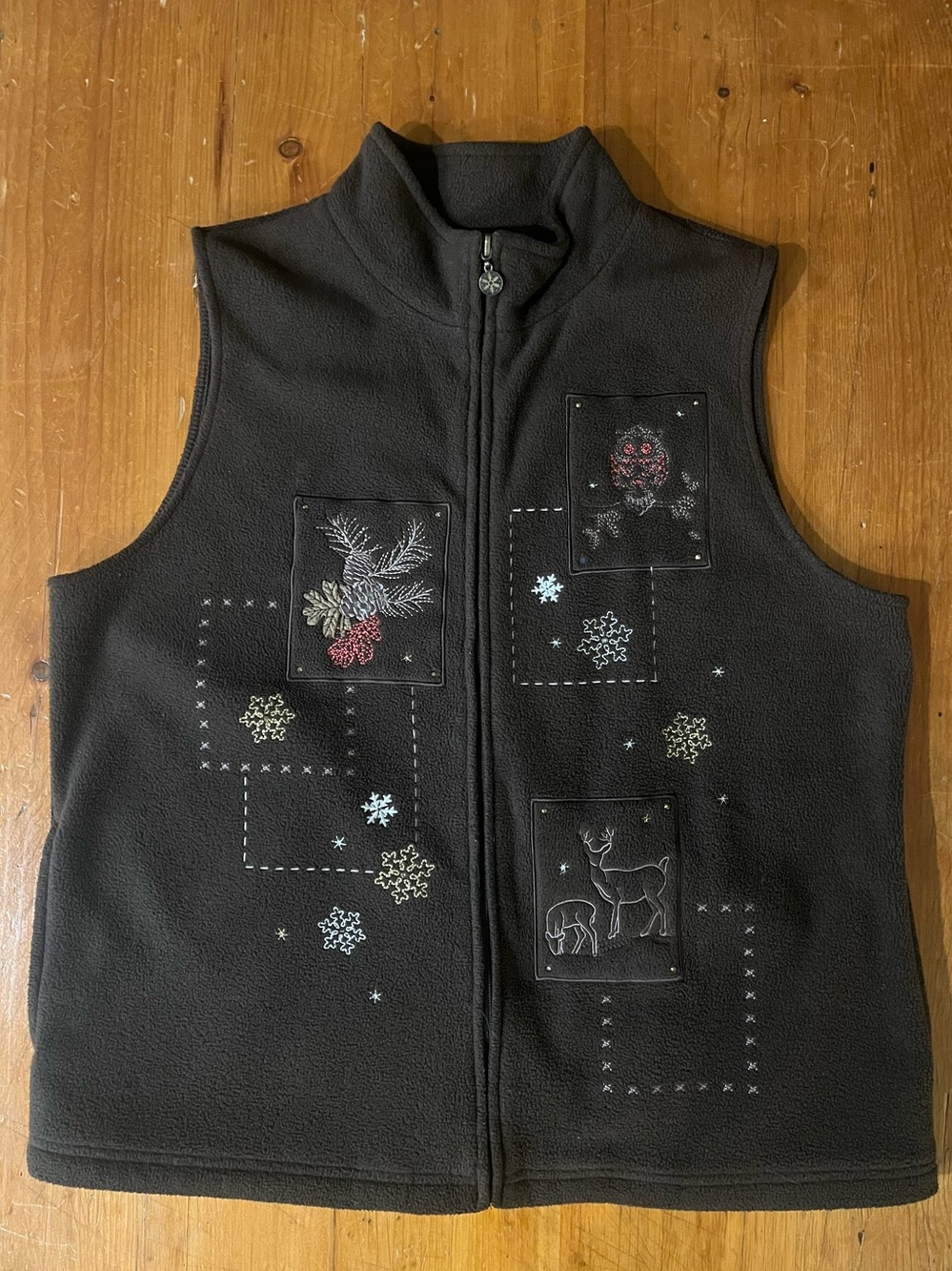 Northern Reflections Brown Fleece Cottagecore Embroidered Owl, Deer Whimsy Vest